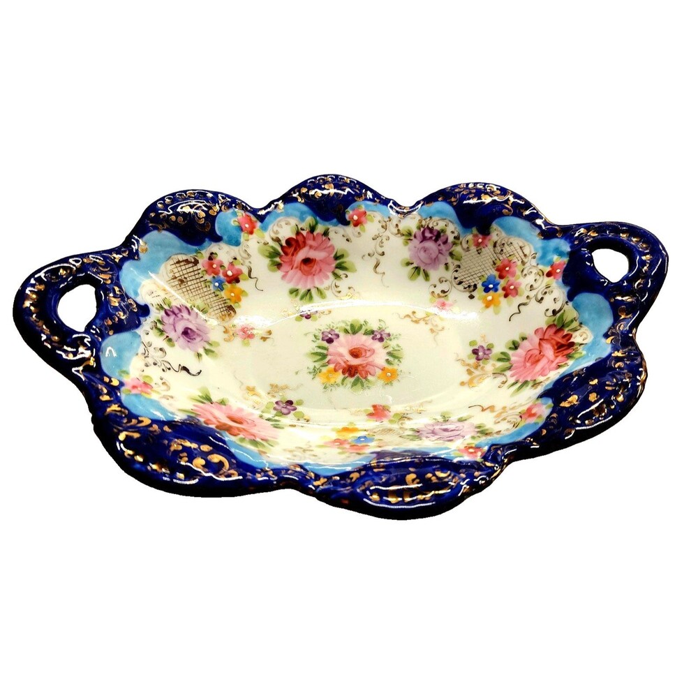 Nippon Moriage Hand Painted Cobalt Blue Gilt Floral Oval Porcelain Dish 1910-30s